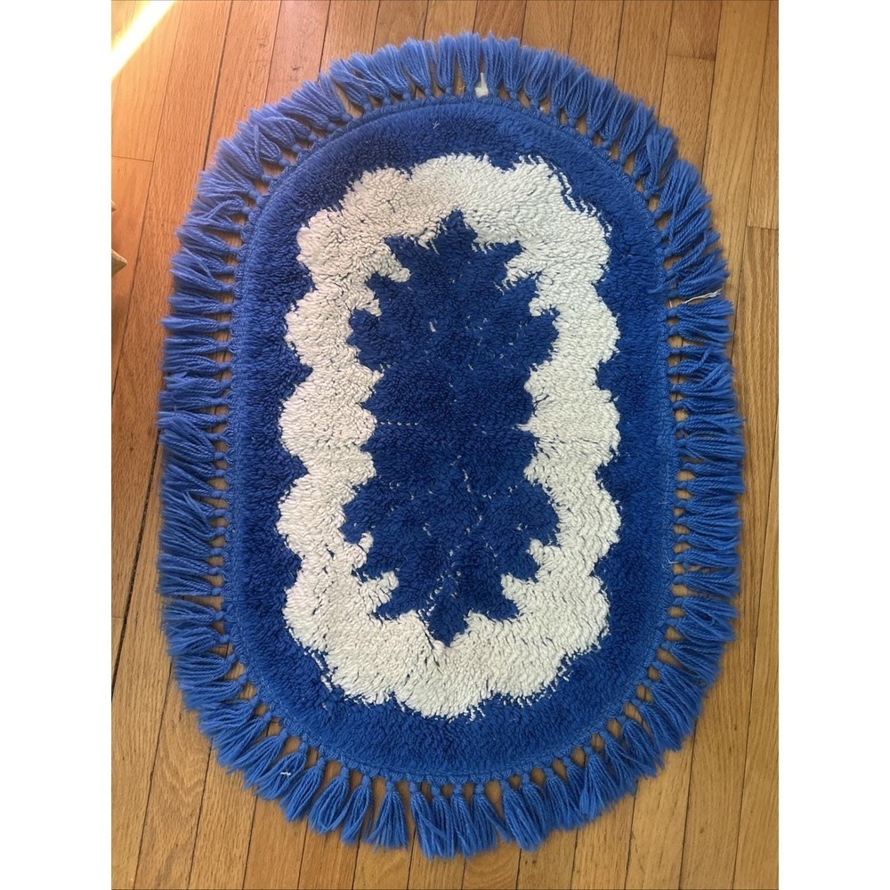 Vintage Oval Blue Fringe Throw Rug Mat Bath‎ Bedroom 36"x25" Cottagecore country
